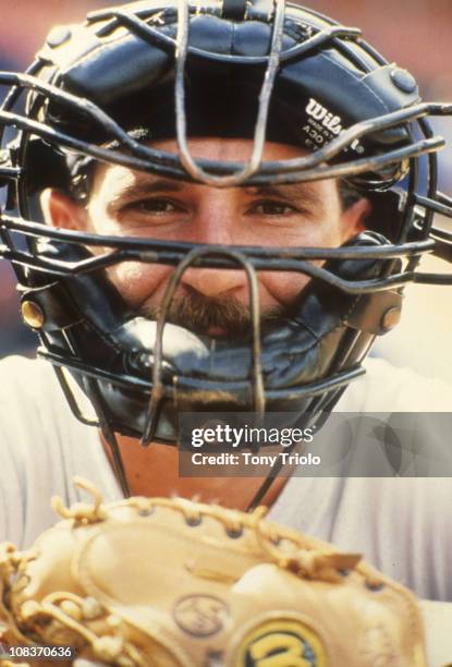 Closeup portrait of San Francisco Giants Bob Brenly wearing catcher's mask before game vs New York Mets at Shea Stadium. Equipment.Flushing...