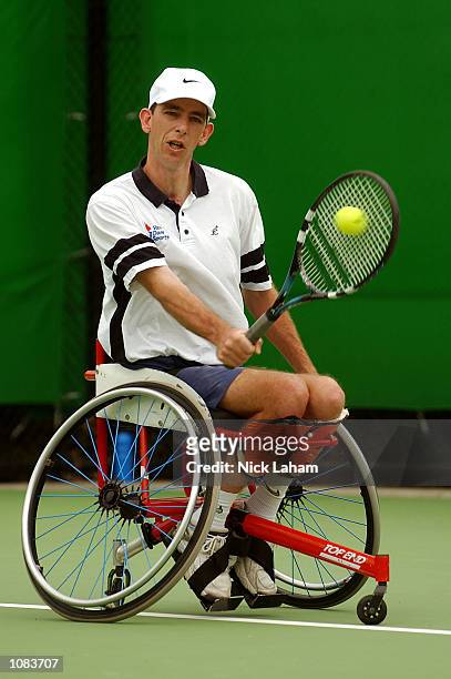 Robin Ammerlaan of The Netherlands in action as he defeats David Hall of Australia to win the Mens Wheelchair Singles Final during the Australian...
