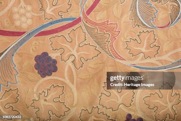 Embroidery in the church chancel, designed by William Morris, Lanercost Priory, Cumbria, 2017. Detail of the embroidered dossal on display on the...