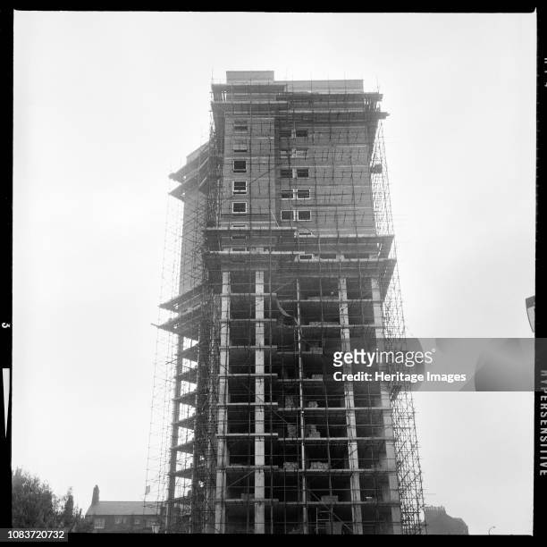Roundtree House, Alfred Street, Werneth, Oldham, Greater Manchester, 1967-1968. View of the tower block under construction viewed from Featherstall...