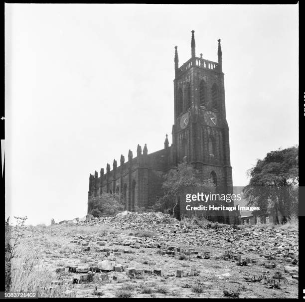 St Mary's Church, St Mary's Street, Quarry Hill, Leeds, West Yorkshire, 1966-1974. View of the church seen from the north-west, amidst the rubble...