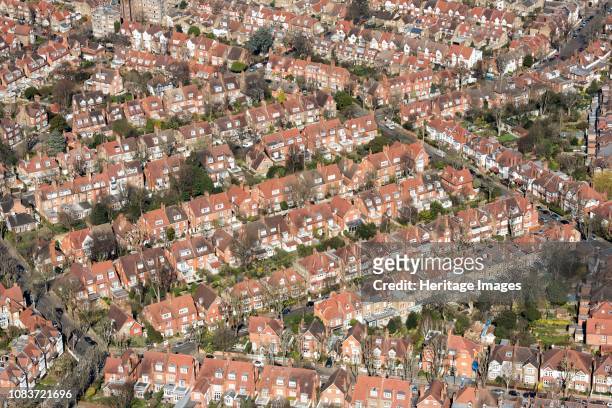 Houses on Bedford Park garden suburb, London, 2018. Bedford Park was built in the 1870s by property developer Jonathan Thomas Carr. Artist Historic...