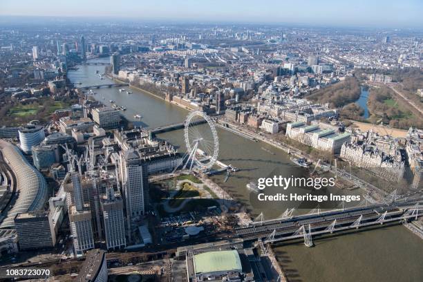 View south-west along the River Thames towards Westminster, London, 2018. Artist Historic England Staff Photographer.