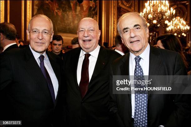 Patrick Le Lay, president of TF1, Jean Pierre Elkabbach, chairman of Europe 1 and TV channel public senate, Herve Bourges in Paris, France on January...