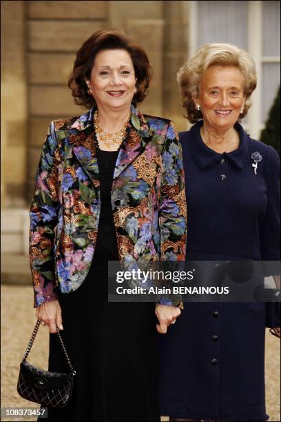 Bernadette Chirac welcomes Suzan Mubarak, wife of the Egyptian president in Paris, France on January 17, 2007.