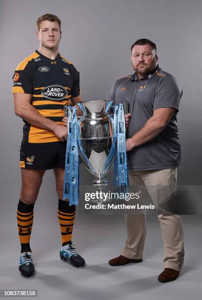 Wasps Captain Joe Launchbury pictured with Wasps Director of Rugby Dai Young during a photocall at Broadstreet RFC on December 13, 2018 in Coventry,...