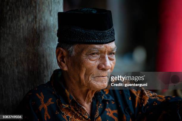 porträt von einem älteren mann des stammes toraja, sulawesi, indonesien - sulawesi stock-fotos und bilder