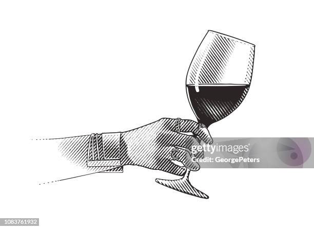 illustrations, cliparts, dessins animés et icônes de gros plan du verre de vin et de la main de la femme - verre à vin