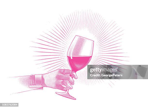 nahaufnahme von glas wein und zarte frauenhand - rote traube stock-grafiken, -clipart, -cartoons und -symbole