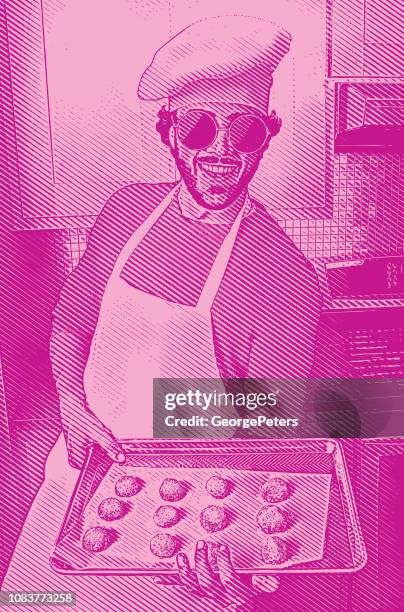 one young man baking cookies - baking sheet stock illustrations