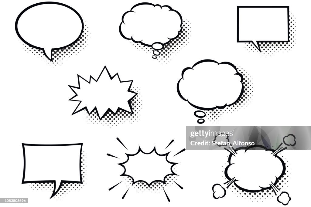 Burbujas de discurso de cómics en blanco. Globos de discurso de blanco y negro con sombras de patrón de semitono