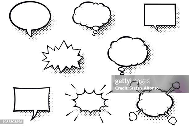 ilustraciones, imágenes clip art, dibujos animados e iconos de stock de burbujas de discurso de cómics en blanco. globos de discurso de blanco y negro con sombras de patrón de semitono - speech bubble