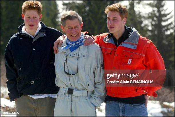 Prince Charles and his sons Prince Henry and Prince William in Klosters in Klosters, Suisse on March 28, 2002.