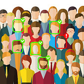 Concept of face identification. A crowd of people with ID marks on face. Face recognition system verifying suspect in the crowd.