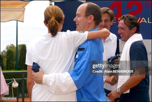 Prince Albert Of Monaco And His Friend Alexandra Kamp Participate In Tennis Tournament Of The Forty-Second Film Festival Of Monaco in Monaco on July...