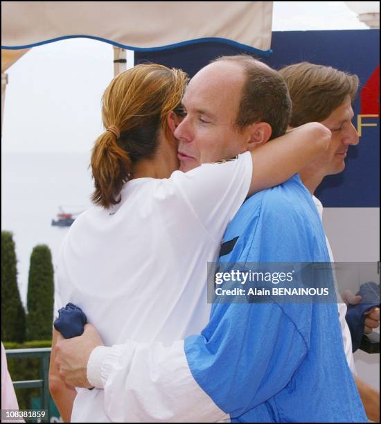 Prince Albert Of Monaco And His Friend Alexandra Kamp Participate In Tennis Tournament Of The Forty-Second Film Festival Of Monaco in Monaco on July...