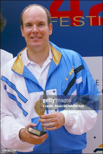 Prince Albert Of Monaco And His Friend Alexandra Kamp Participate In Tennis Tournament Of The Forty-Second Film Festival Of Monaco in Monaco on July...