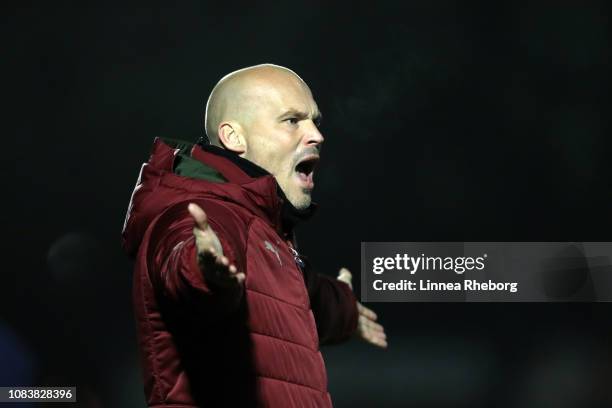 Freddie Ljungberg, Head Coach of Arsenal reacts during the Premier League 2 match between Arsenal and Blackburn at Meadow Park on December 17, 2018...