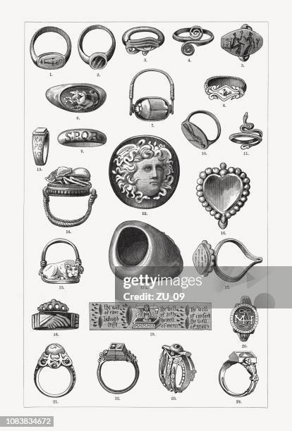 historical rings, wood engravings, published in 1897 - etruscan stock illustrations