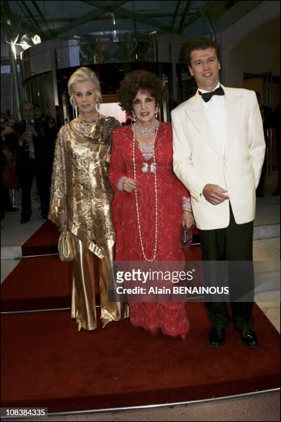 Mrs Karin Dolfen, Mrs Gina Lollobrigida and M. Xavier Rigau in Monaco on August 06, 2004.