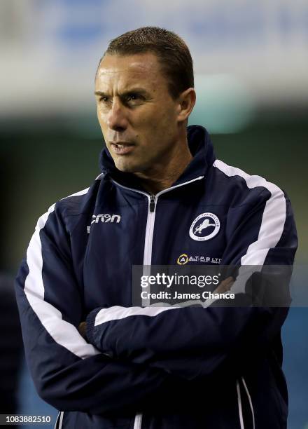 Chris Perry, Millwall U18 coach looks on during the FA Youth Cup Third Round match between Millwall and Tottenham Hotspur at The Den on December 17,...