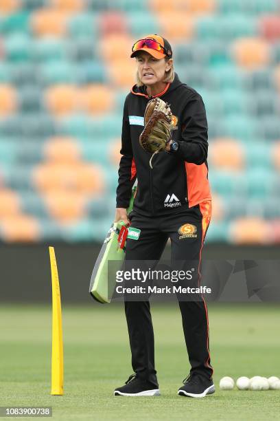 Scorchers head coach Lisa Keightley talks top players before the Women's Big Bash League match between the Hobart Hurricanes and the Perth Scorchers...