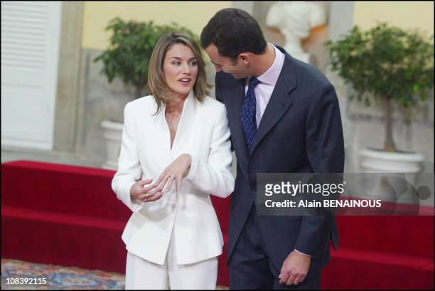 Prince Felipe of Bourbon and Letizia Ortiz at Pardo Palace after the official announcement of their engagement In Madrid, Spain on November 06, 2003.