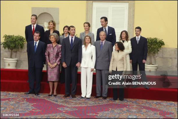 Left to right, front: Jesus Ortiz, father of Letizia Ortiz, Queen Sofia, Prince Felipe, Letizia Ortiz, Juan Carlos and Paloma Ortiz, mother of...