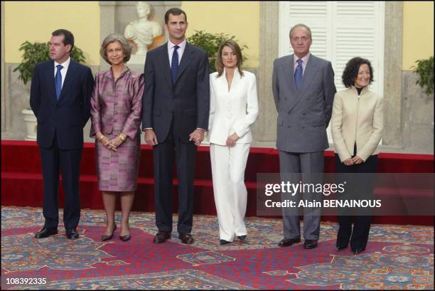 Left to right, front: Jesus Ortiz, father of Letizia Ortiz, Queen Sofia, Prince Felipe, Letizia Ortiz, Juan Carlos and Paloma Ortiz, mother of...