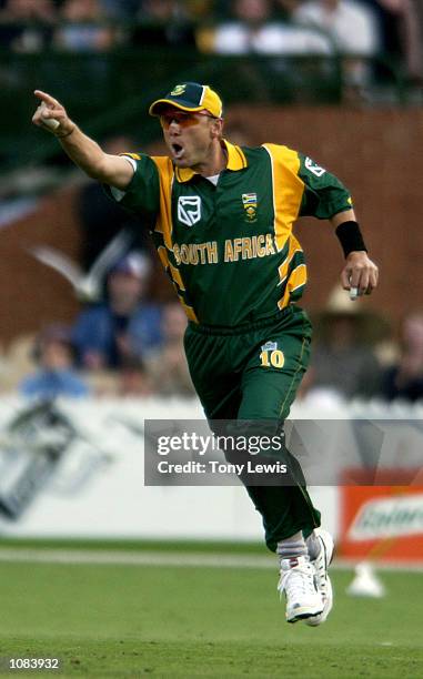 Allan Donald of South Africa celebrates after catching Lou Vincent off the bowling of Shaun Pollock for 20 in the one day match between South Africa...