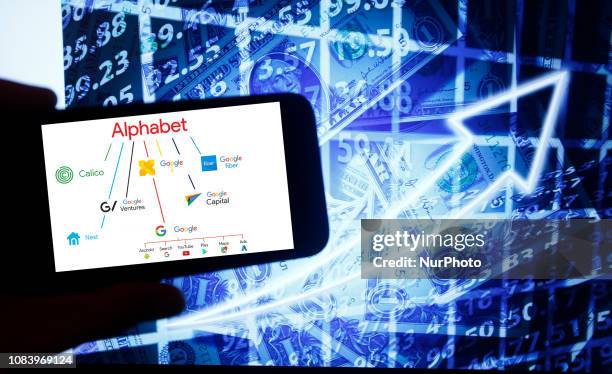 The logo of the Alphabet companies Calico, Google X, Google fiber, Google ventures, Google Capital, Nest, Google, Android, Search, Youtube, Play,...