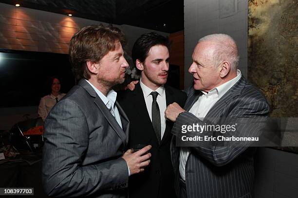 Director Mikael Hafstrom, Colin O'Donoghue and Anthony Hopkins at New Line Cinema's World Premiere of "The Rite" at Grauman's Chinese Theatre on...