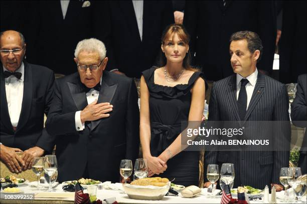 Former secretary of State Henry Kissinger, French First Lady Carla Bruni Sarkozy, French president Nicolas Sarkozy in New York, United States on...