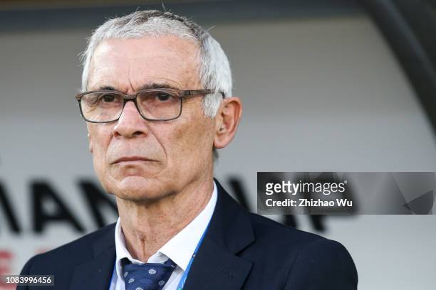 Hector Cuper coach of Uzbekistan looks on during the AFC Asian Cup Group F match between Japan and Uzbekistsn at Khalifa Bin Zayed Stadium on January...