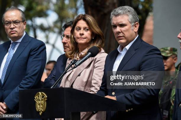 Colombian President Ivan Duque speaks next to Vice President Marta Lucia Ramirez , after an attack took place at a police cadet training school in...
