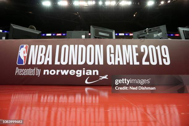 Signage for the 2019 NBA London Game between the New York Knicks and the Washington Wizards on January 17, 2019 at The O2 Arena in London, England....