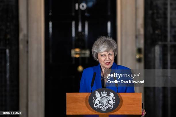 Prime Minister Theresa May addresses the media at number 10 Downing street after her government defeated a vote of no confidence in the House of...