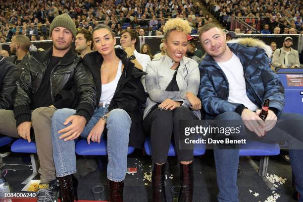 George Panayiotou, Amy Jackson, Emeli Sande and guest attend the NBA London Game 2019, between the Washington Wizards and New York Knicks at The O2...