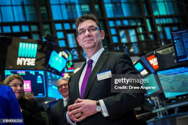 Albert Bourla, chief executive officer of Pfizer pharmaceutical company, arrives to ring the closing bell at the New York Stock Exchange on Thursday...