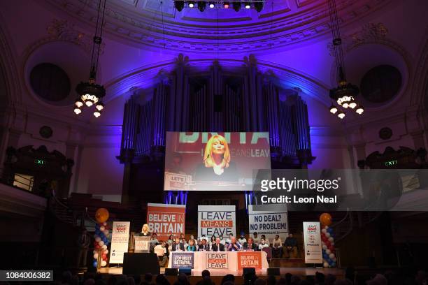 Esther McVey speaks as Richard Tice, MP Kate Hoey, Sir Rocco Forte, MP Ian Duncan Smith, Tim Martin and Nigel Fagage look on during the Brexit: Let's...