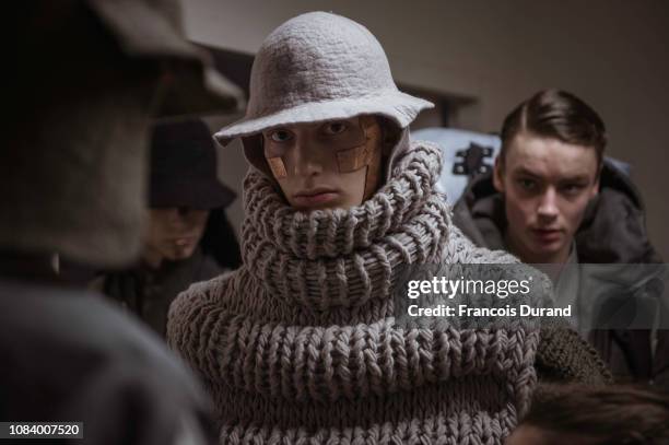 Models pose Backstage prior the Boris Bidjan Saberi Menswear Fall/Winter 2019-2020 show as part of Paris Fashion Week on January 17, 2019 in Paris,...