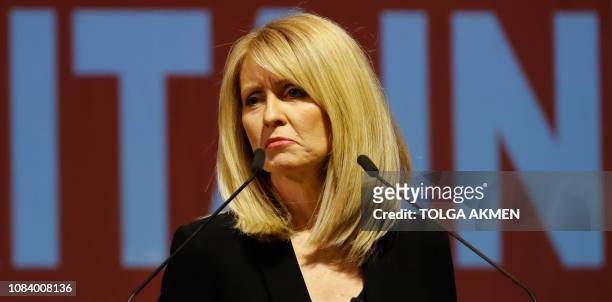 Conservative Party MP Esther McVey speaks at a political rally entitled 'Lets Go WTO' hosted by pro-Brexit lobby group Leave Means Leave in London on...