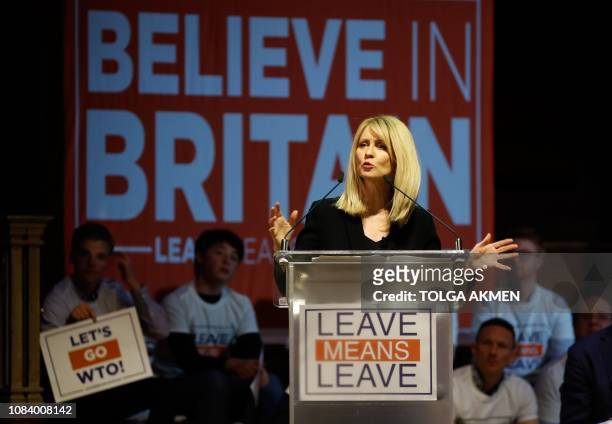 Conservative Party MP Esther McVey speaks at a political rally entitled 'Lets Go WTO' hosted by pro-Brexit lobby group Leave Means Leave in London on...