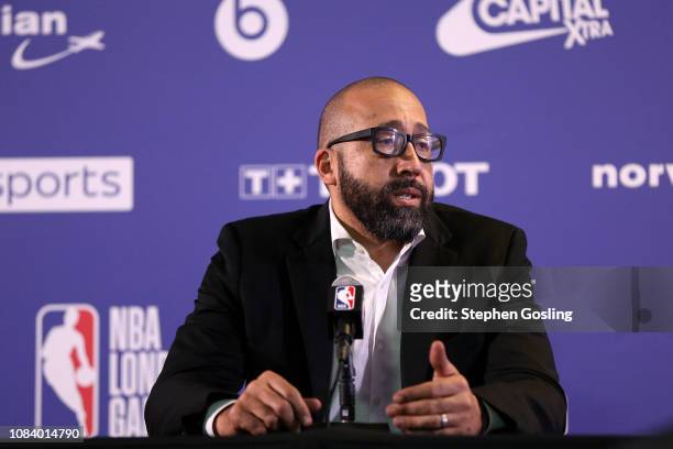 Head Coach David Fizdale of the New York Knicks speaks to the media after the 2019 NBA London Game against the Washington Wizards on January 17, 2019...