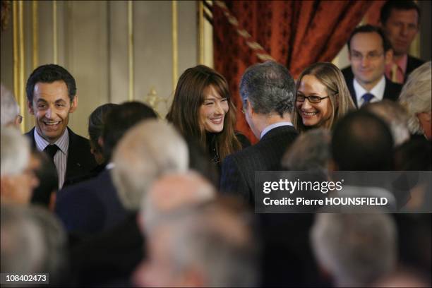 Nicolas Sarkozy, Carla Bruni Sarkozy and sister Consuelo Remmert in Paris, France on December 08, 2008.