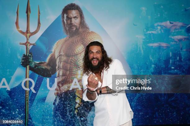 Jason Momoa poses at the Australian premiere of Aquaman on December 18, 2018 in Gold Coast, Australia.