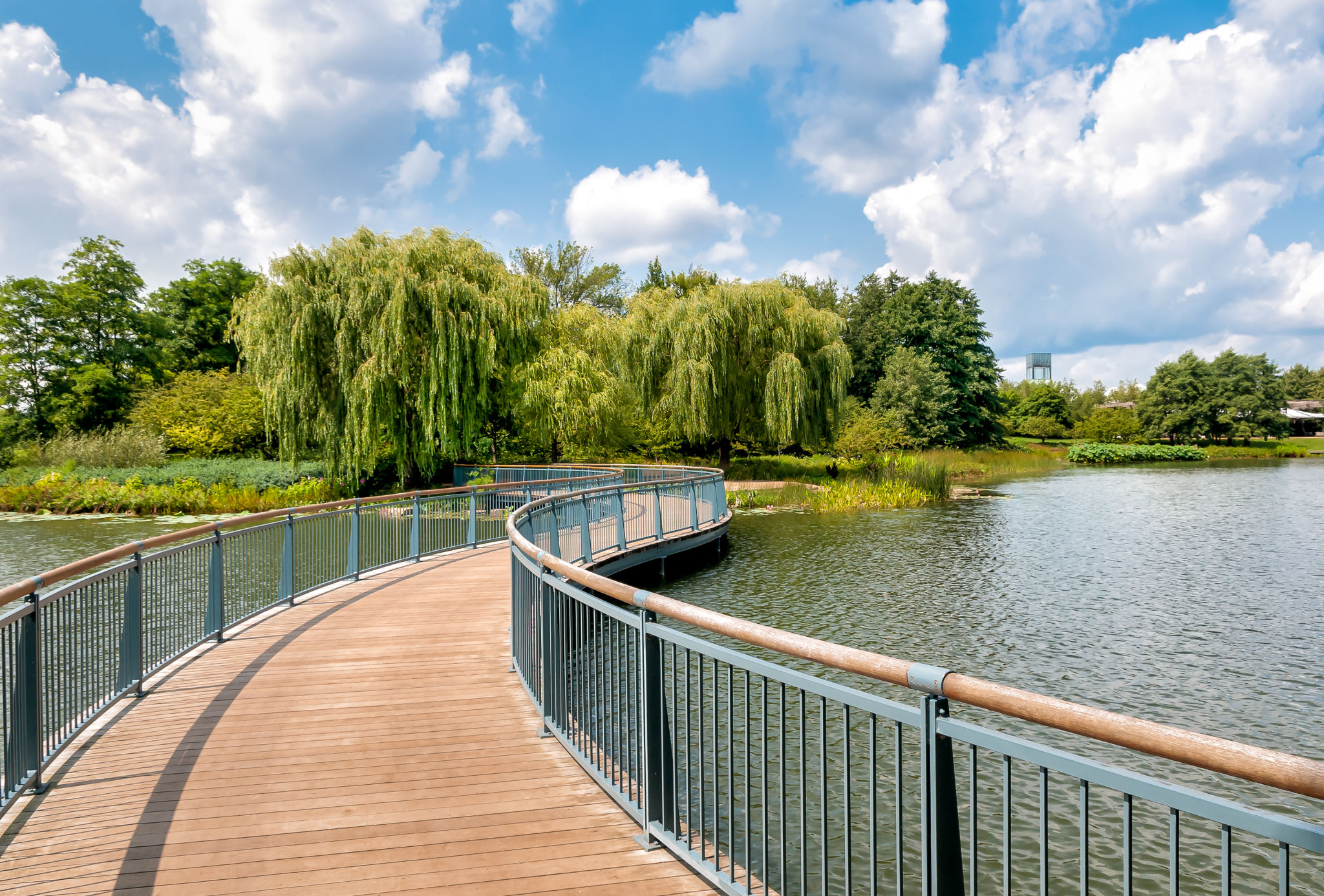 Walking bridge in the Chicago Botanic Garden, summer landscape, Glencoe, USA Walking bridge in the Chicago Botanic Garden, summer landscape, Glencoe, USA