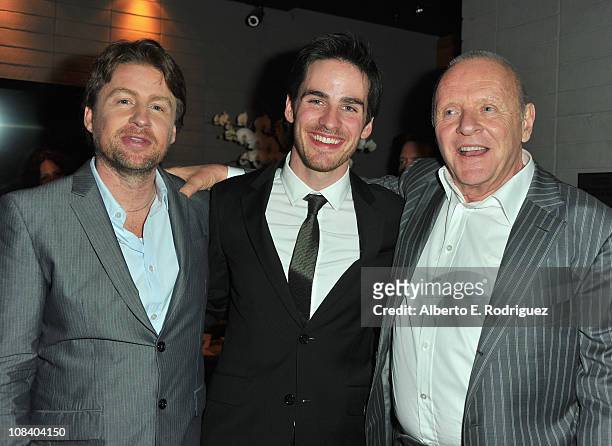 Director Mikael Hafstrom, actor Colin O'Donoghue and actor Anthony Hopkins attend the after party for the premiere of Warner Bros.' "The Rite" on...