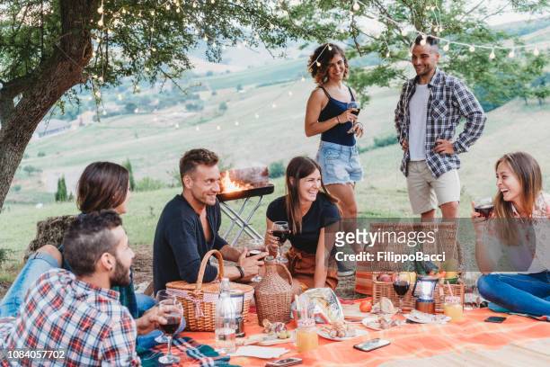 friends doing a picnic together at sunset in the countryside - barbecue social gathering stock pictures, royalty-free photos & images