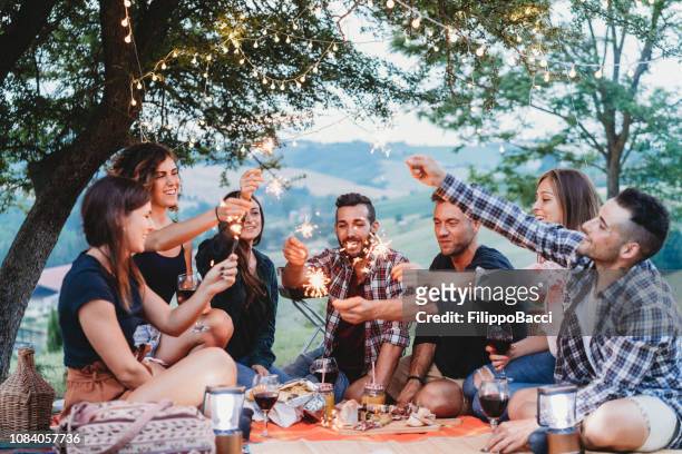 happy friends having fun together with sparklers - evening meal stock pictures, royalty-free photos & images